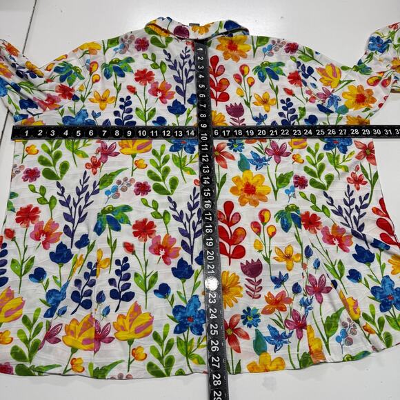 Ali Miles Top 3X White Blue Colorful Floral Button Up Stretch Bell Sleeve Career - Picture 4 of 10